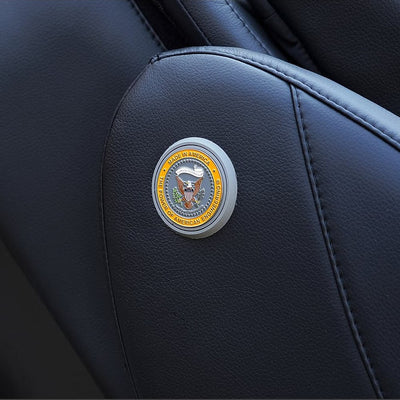 Close-up of the certification badge on the Luraco i9 Max Plus Massage Chair, highlighting its American craftsmanship.